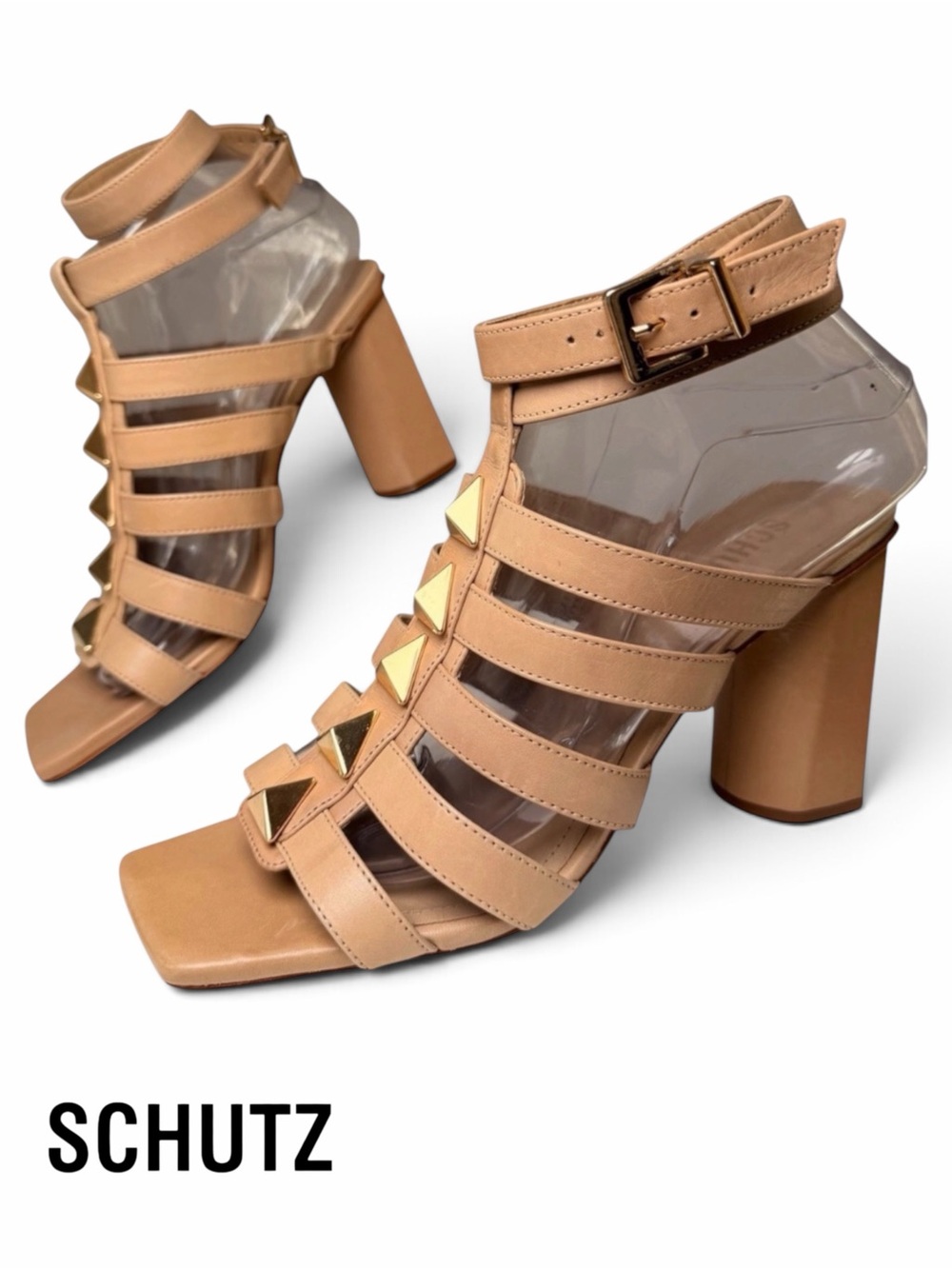 Schutz Tan Leather Gladiator Heels Gold Studded Sandals Size 8